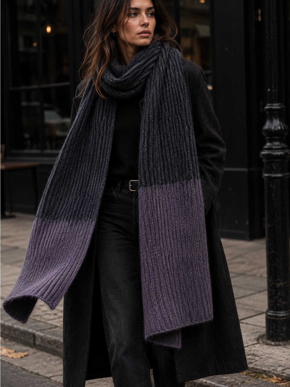 AllSaints Oversized Blanket Scarf Wrap Gray Plum‎ Ombre Ribbed Knit Shawl